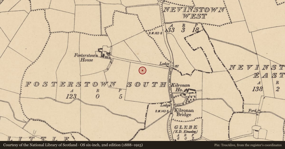 Ordnance Survey six-inch map, 2nd edition (1888–1915) covering the location of Enclosure, Fosterstown South, County Dublin, with a pin at the register's coordinates