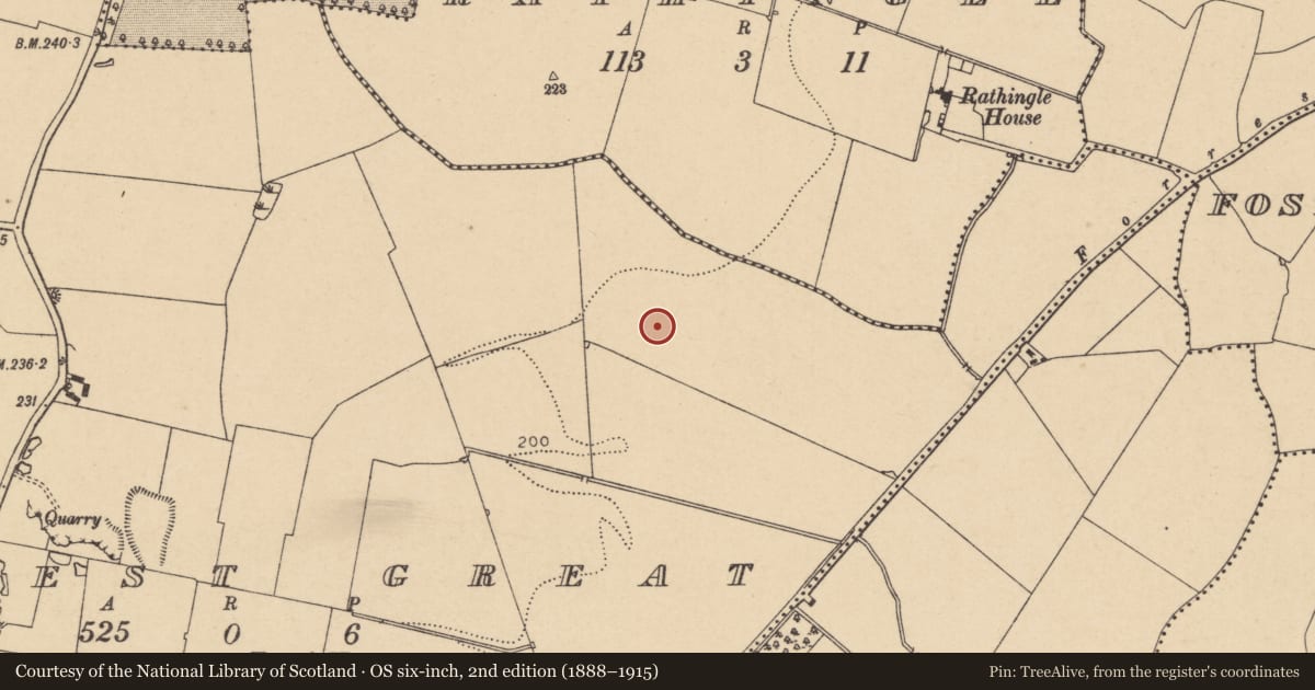 Ordnance Survey six-inch map, 2nd edition (1888–1915) covering the location of Ring-ditch, Forrest Great, County Dublin, with a pin at the register's coordinates