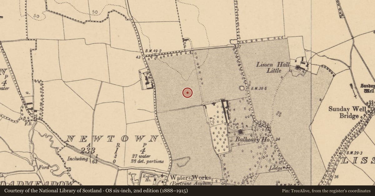 Ordnance Survey six-inch map, 2nd edition (1888–1915) covering the location of Field system, Balheary Demesne, County Dublin, with a pin at the register's coordinates