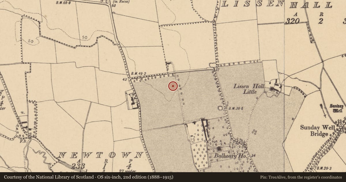 Ordnance Survey six-inch map, 2nd edition (1888–1915) covering the location of Ring-ditch, Balheary Demesne, County Dublin, with a pin at the register's coordinates