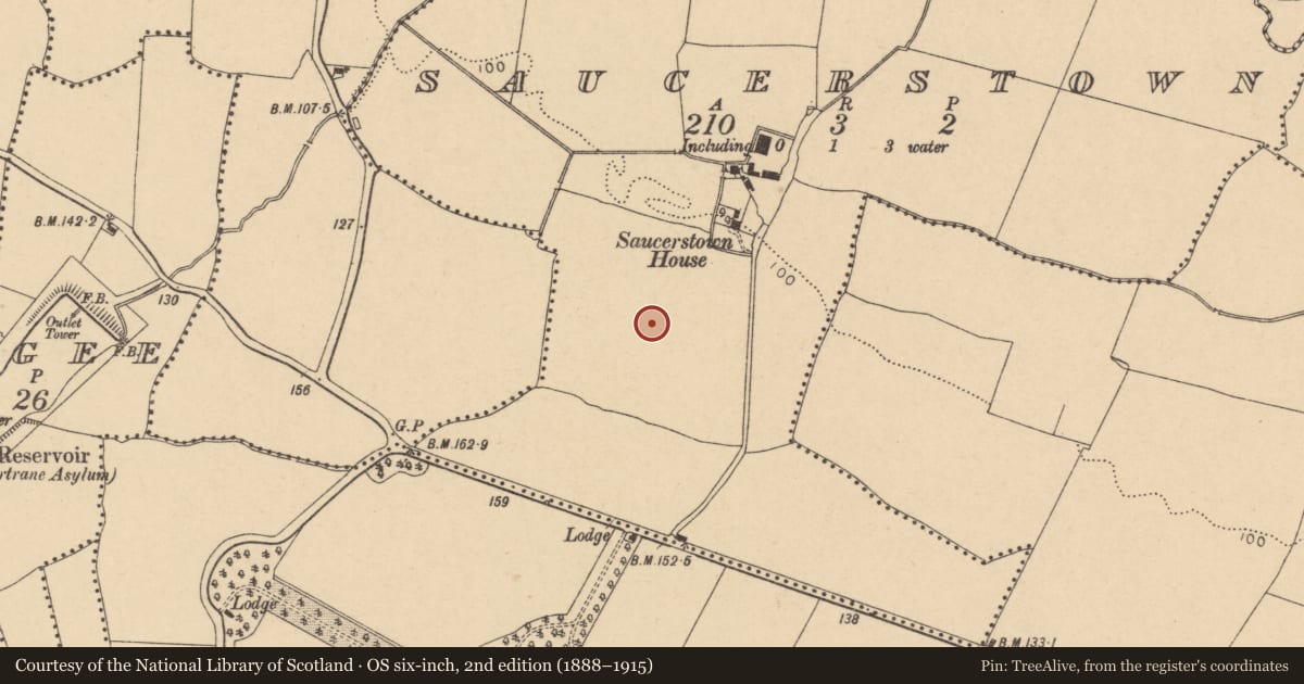 Ordnance Survey six-inch map, 2nd edition (1888–1915) covering the location of Enclosure, Saucerstown, County Dublin, with a pin at the register's coordinates
