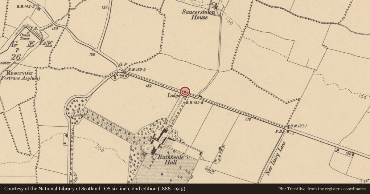 Ordnance Survey six-inch map, 2nd edition (1888–1915) covering the location of Burial, Saucerstown, County Dublin, with a pin at the register's coordinates