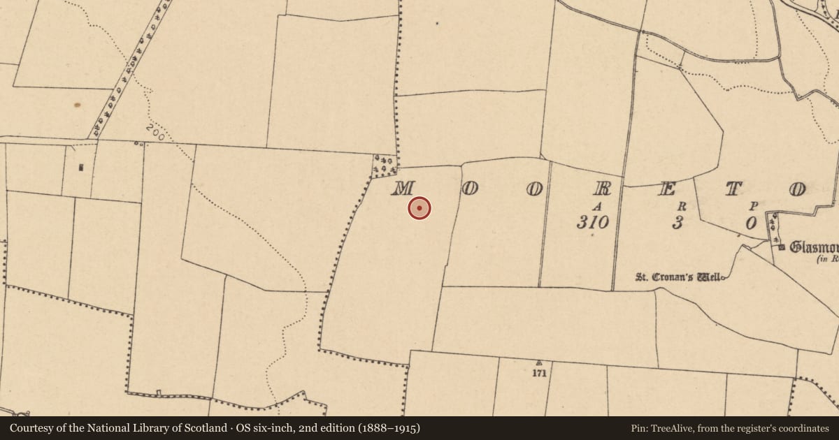 Ordnance Survey six-inch map, 2nd edition (1888–1915) covering the location of Fulacht fia, Mooretown, County Dublin, with a pin at the register's coordinates