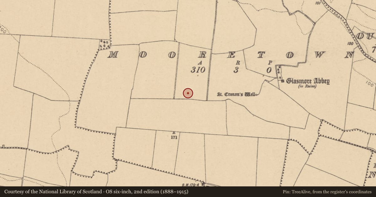 Ordnance Survey six-inch map, 2nd edition (1888–1915) covering the location of Ringfort - unclassified, Mooretown, County Dublin, with a pin at the register's coordinates