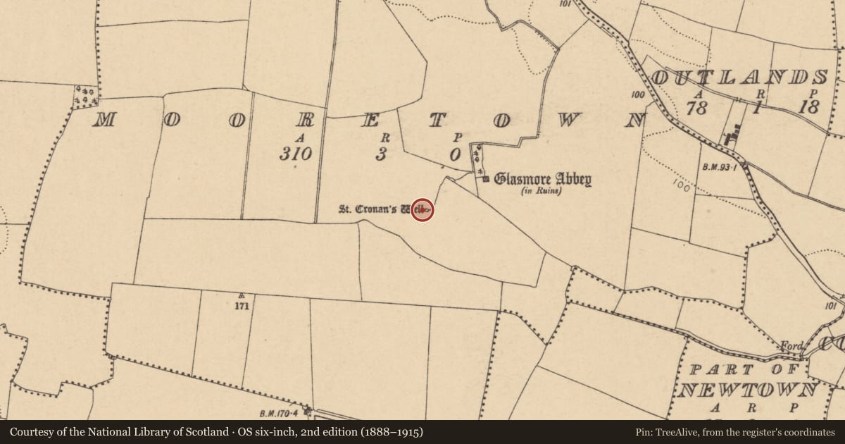 Ordnance Survey six-inch map, 2nd edition (1888–1915) covering the location of Fulacht fia, Mooretown, County Dublin, with a pin at the register's coordinates
