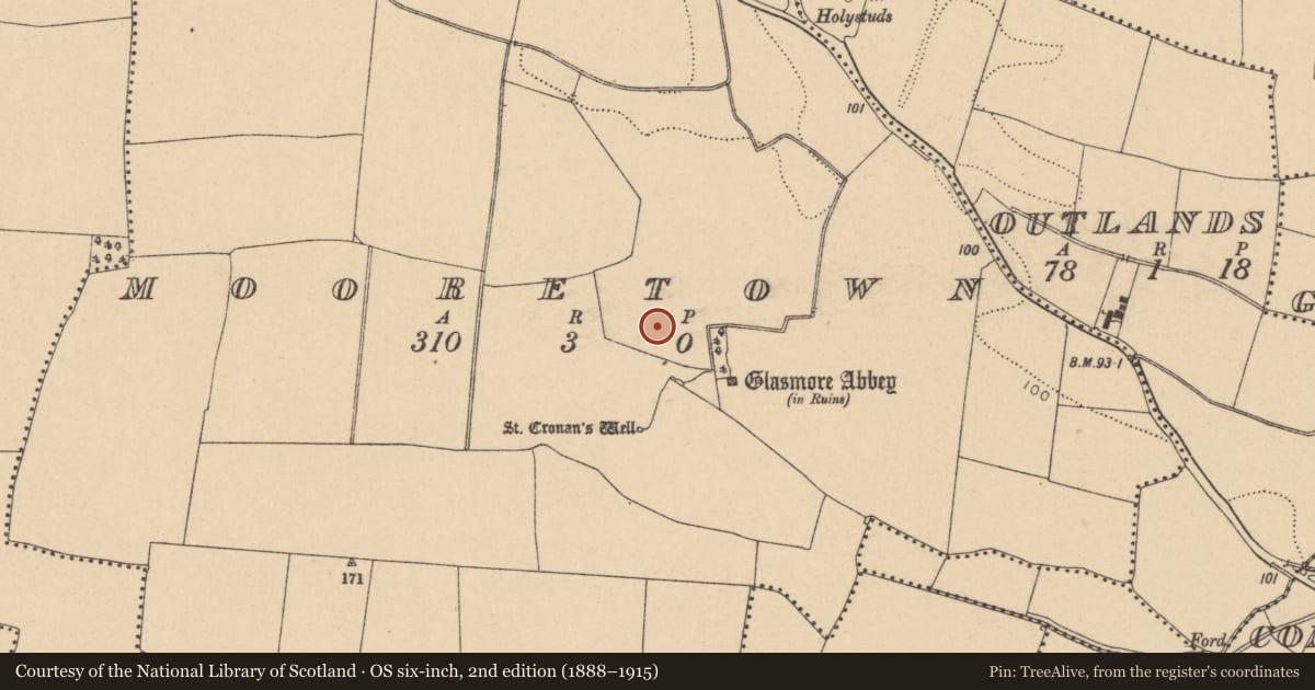 Ordnance Survey six-inch map, 2nd edition (1888–1915) covering the location of Settlement cluster, Mooretown, County Dublin, with a pin at the register's coordinates