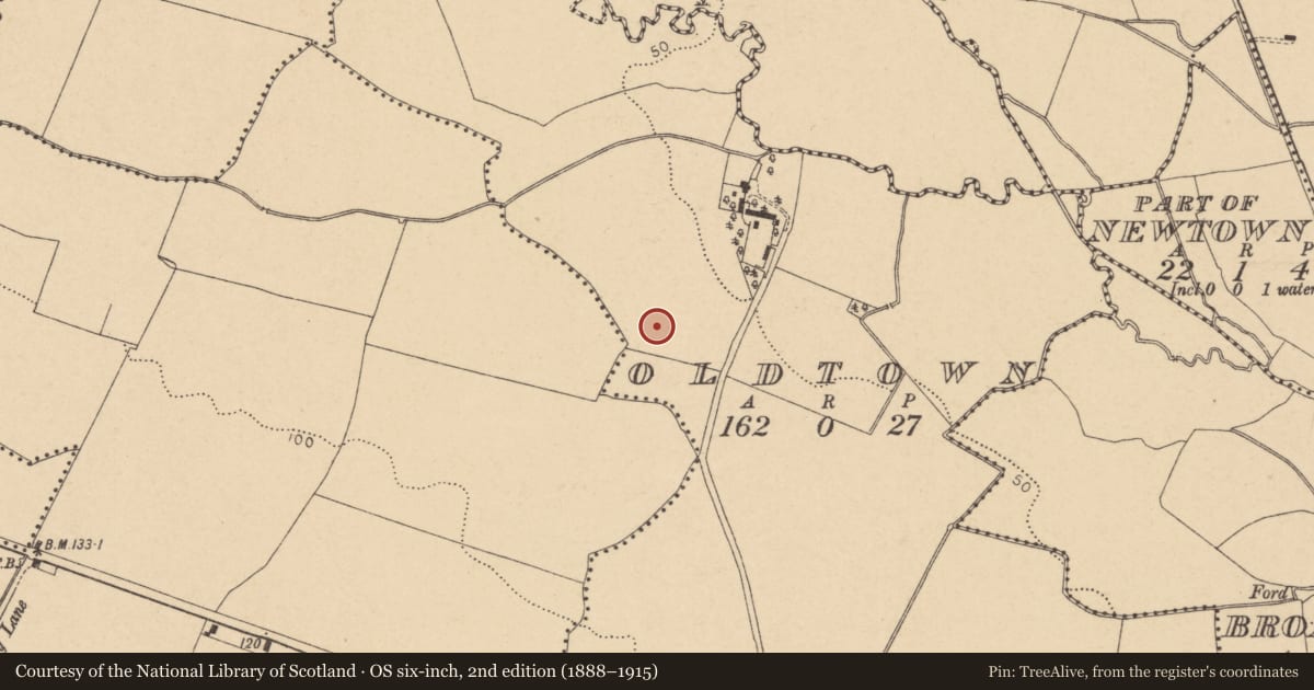 Ordnance Survey six-inch map, 2nd edition (1888–1915) covering the location of Enclosure, Oldtown, County Dublin, with a pin at the register's coordinates