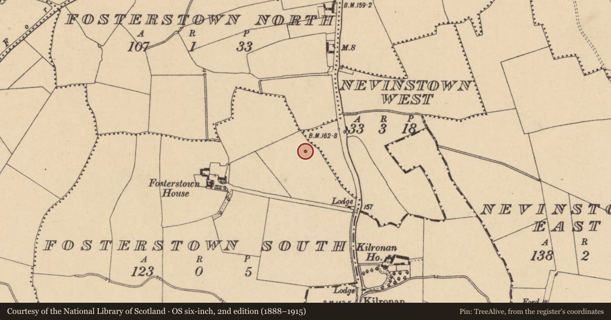 Ordnance Survey six-inch map, 2nd edition (1888–1915) covering the location of Burnt mound, Fosterstown South, County Dublin, with a pin at the register's coordinates