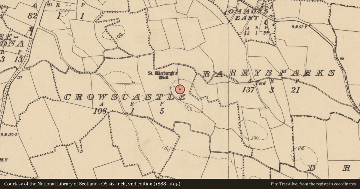 Ordnance Survey six-inch map, 2nd edition (1888–1915) covering the location of Ring-ditch, Crowscastle, County Dublin, with a pin at the register's coordinates