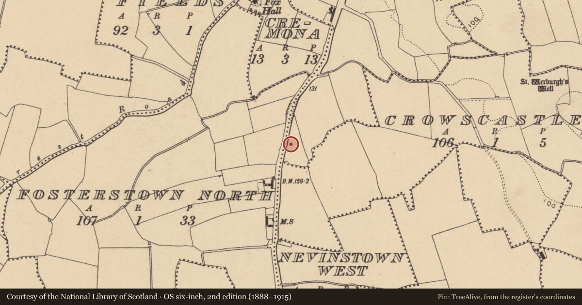 Ordnance Survey six-inch map, 2nd edition (1888–1915) covering the location of Structure, Miltonsfields, County Dublin, with a pin at the register's coordinates