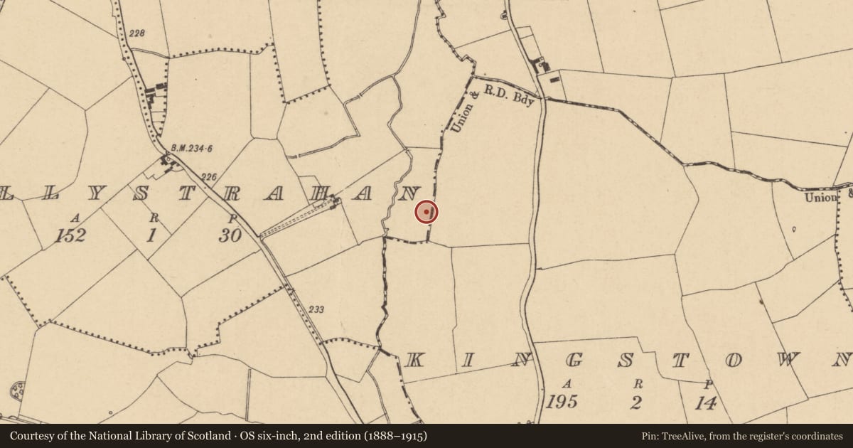 Ordnance Survey six-inch map, 2nd edition (1888–1915) covering the location of Ring-ditch, Ballystrahan, County Dublin, with a pin at the register's coordinates