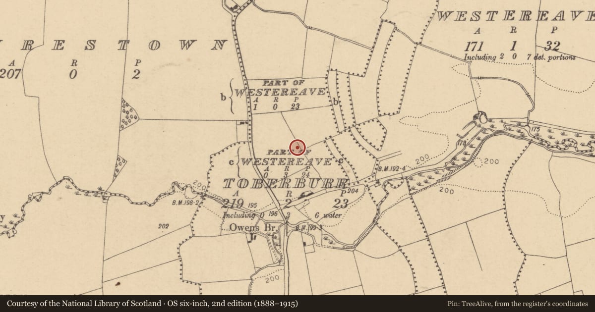 Ordnance Survey six-inch map, 2nd edition (1888–1915) covering the location of Ring-ditch, Toberburr, County Dublin, with a pin at the register's coordinates