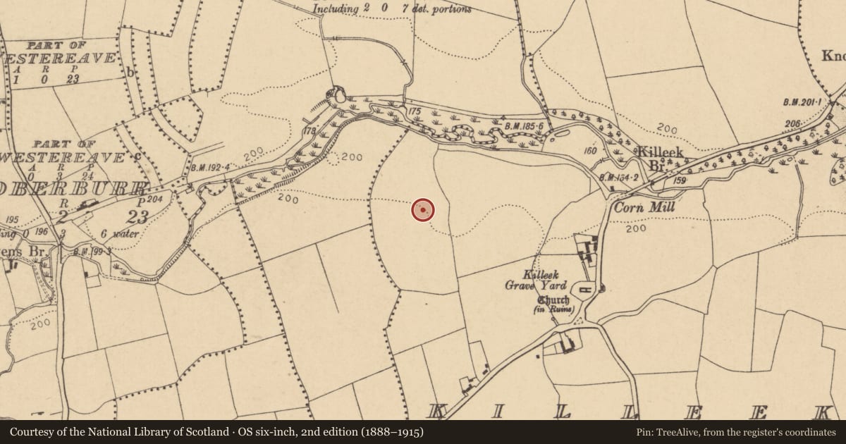 Ordnance Survey six-inch map, 2nd edition (1888–1915) covering the location of Enclosure, Killeek, County Dublin, with a pin at the register's coordinates