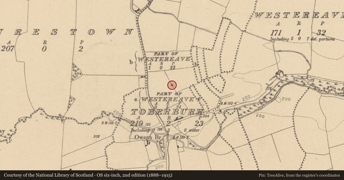 Ordnance Survey six-inch map, 2nd edition (1888–1915) covering the location of Ring-ditch, Toberburr, County Dublin, with a pin at the register's coordinates