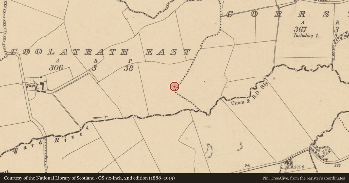 Ordnance Survey six-inch map, 2nd edition (1888–1915) covering the location of Earthwork, Coolatrath East, County Dublin, with a pin at the register's coordinates