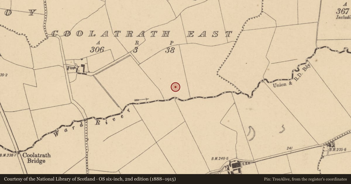 Ordnance Survey six-inch map, 2nd edition (1888–1915) covering the location of Ring-ditch, Coolatrath East, County Dublin, with a pin at the register's coordinates