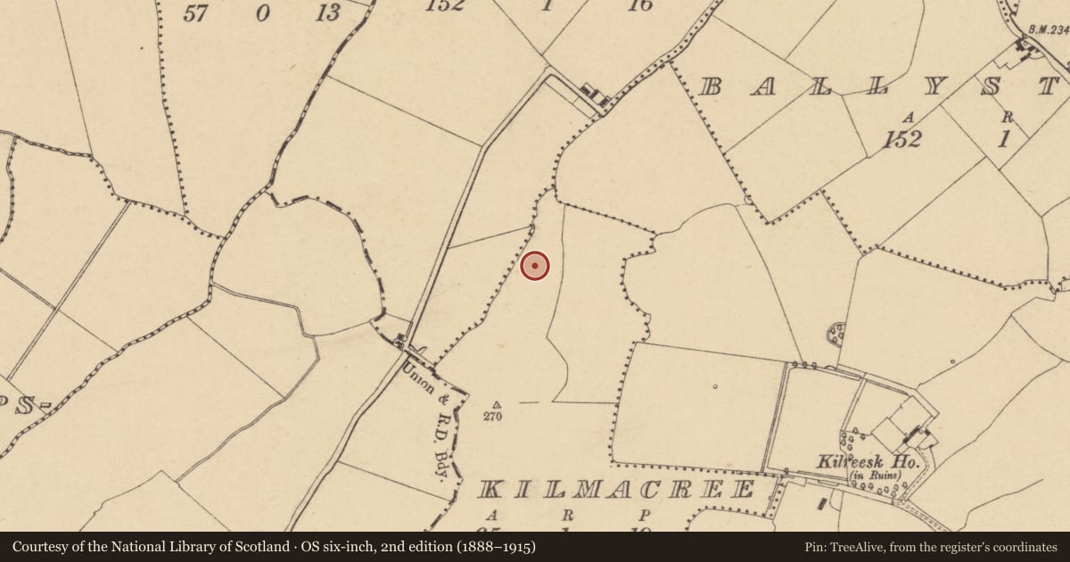 Ordnance Survey six-inch map, 2nd edition (1888–1915) covering the location of Ring-ditch, Kilmacree, County Dublin, with a pin at the register's coordinates