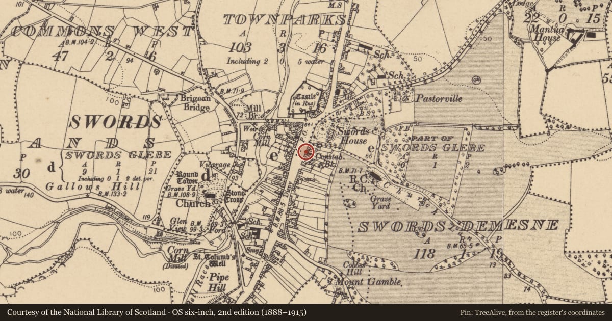 Ordnance Survey six-inch map, 2nd edition (1888–1915) covering the location of Barracks, Townparks, County Dublin, with a pin at the register's coordinates