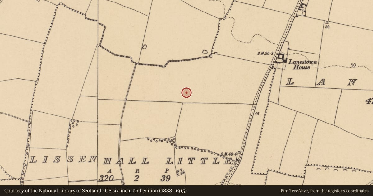 Ordnance Survey six-inch map, 2nd edition (1888–1915) covering the location of Ring-ditch, Lissenhall Little, County Dublin, with a pin at the register's coordinates