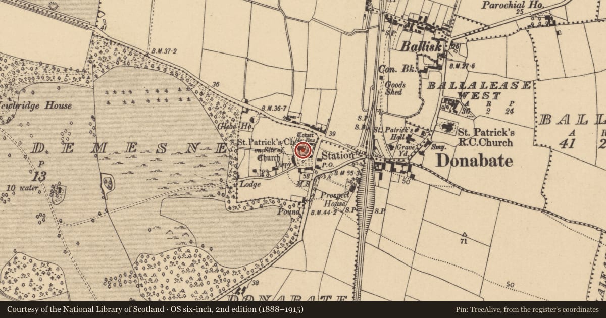 Ordnance Survey six-inch map, 2nd edition (1888–1915) covering the location of Church, Donabate, County Dublin, with a pin at the register's coordinates