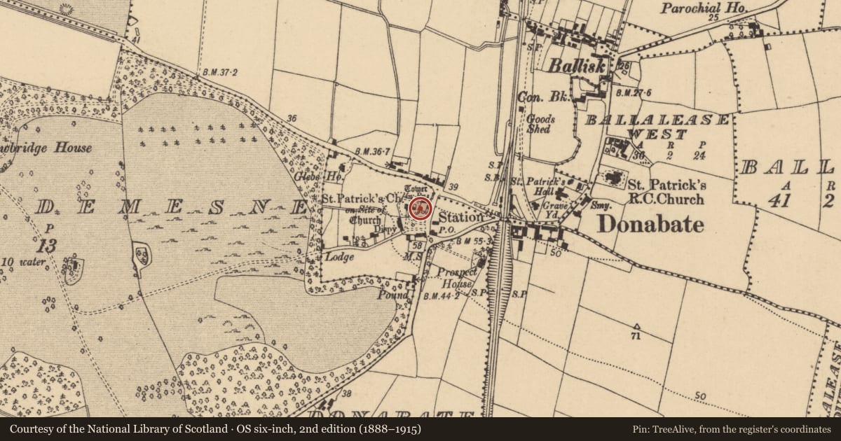 Ordnance Survey six-inch map, 2nd edition (1888–1915) covering the location of Castle - tower house, Donabate, County Dublin, with a pin at the register's coordinates