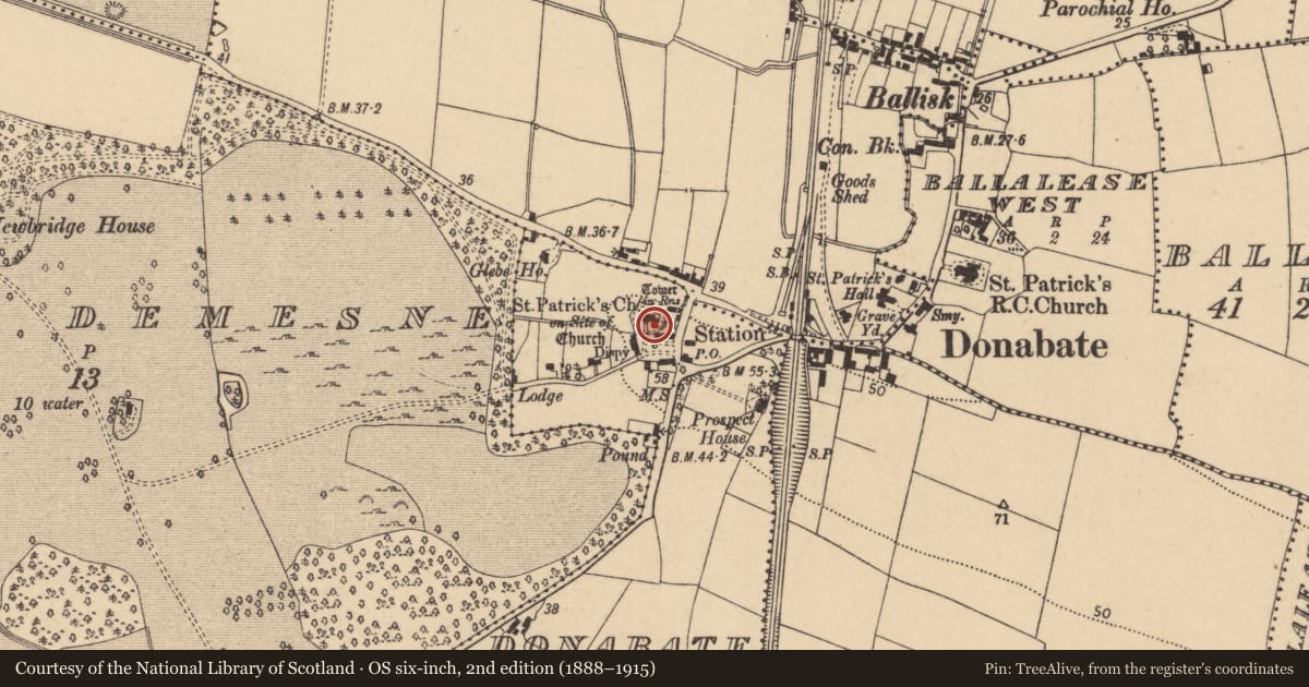 Ordnance Survey six-inch map, 2nd edition (1888–1915) covering the location of Wall monument (present location), Donabate, County Dublin, with a pin at the register's coordinates