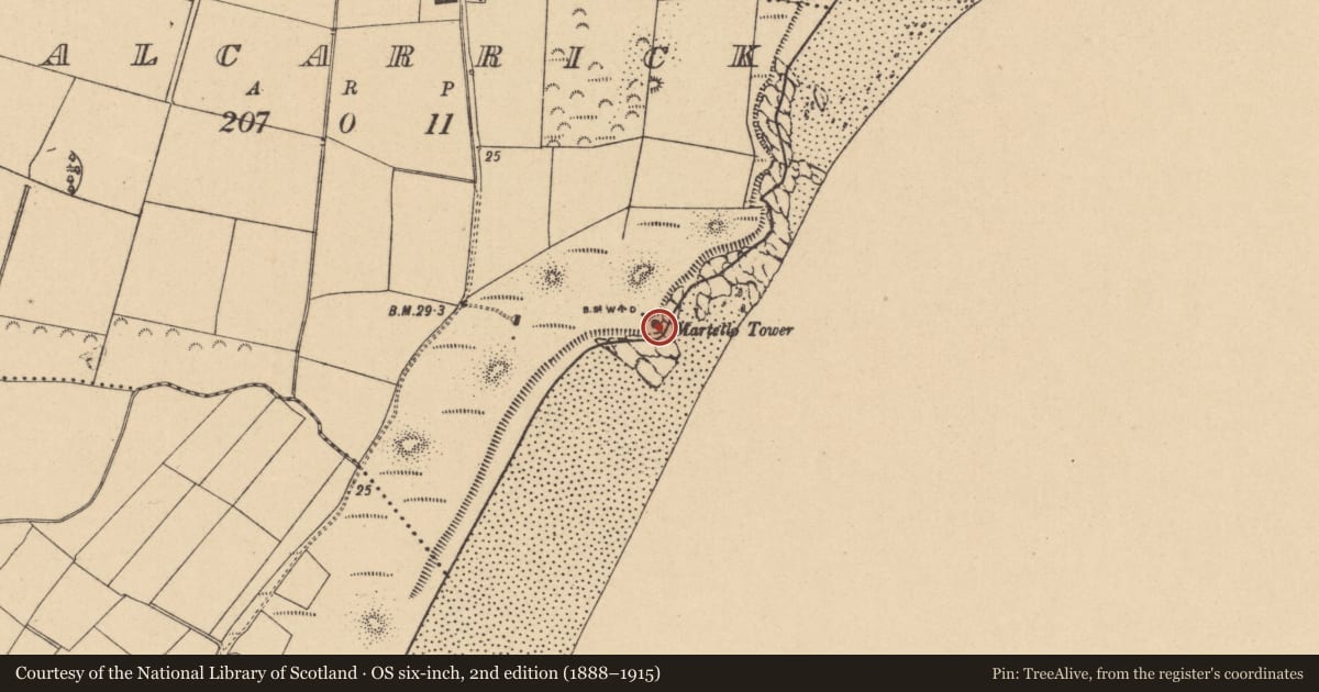 Ordnance Survey six-inch map, 2nd edition (1888–1915) covering the location of Martello tower, Balcarrick, County Dublin, with a pin at the register's coordinates