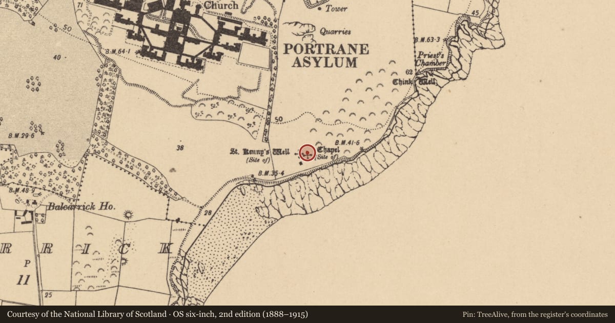 Ordnance Survey six-inch map, 2nd edition (1888–1915) covering the location of Church, Portraine Demesne, County Dublin, with a pin at the register's coordinates