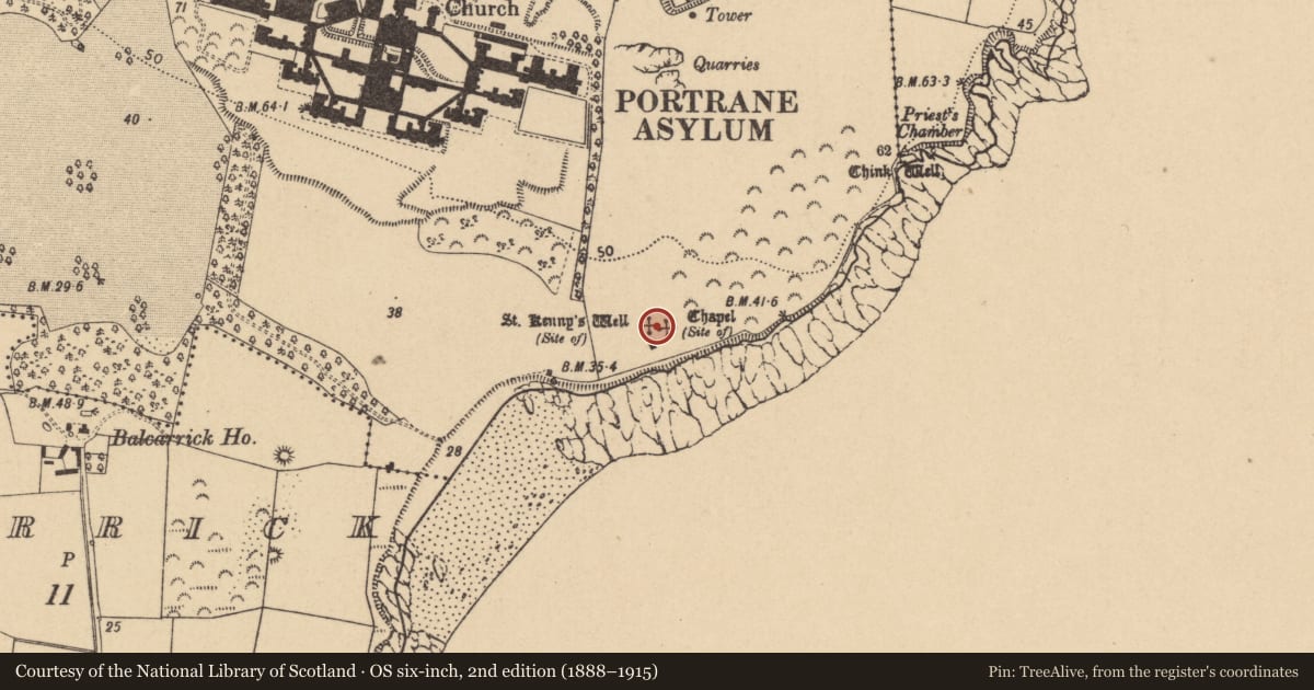 Ordnance Survey six-inch map, 2nd edition (1888–1915) covering the location of Ritual site - holy well, Portraine Demesne, County Dublin, with a pin at the register's coordinates