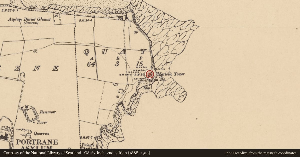 Ordnance Survey six-inch map, 2nd edition (1888–1915) covering the location of Martello tower, Quay, County Dublin, with a pin at the register's coordinates