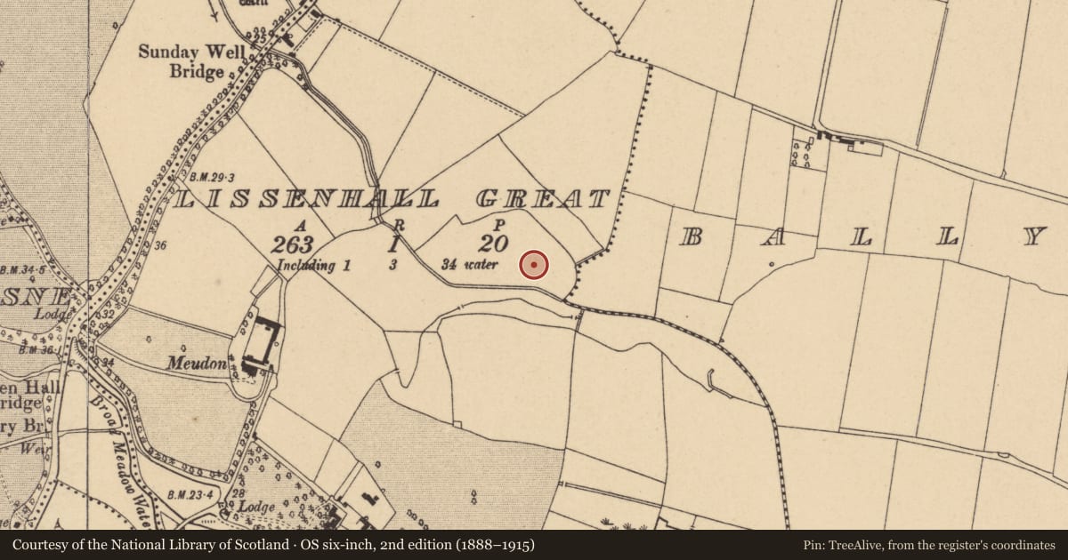 Ordnance Survey six-inch map, 2nd edition (1888–1915) covering the location of Field system, Lissenhall Great, County Dublin, with a pin at the register's coordinates