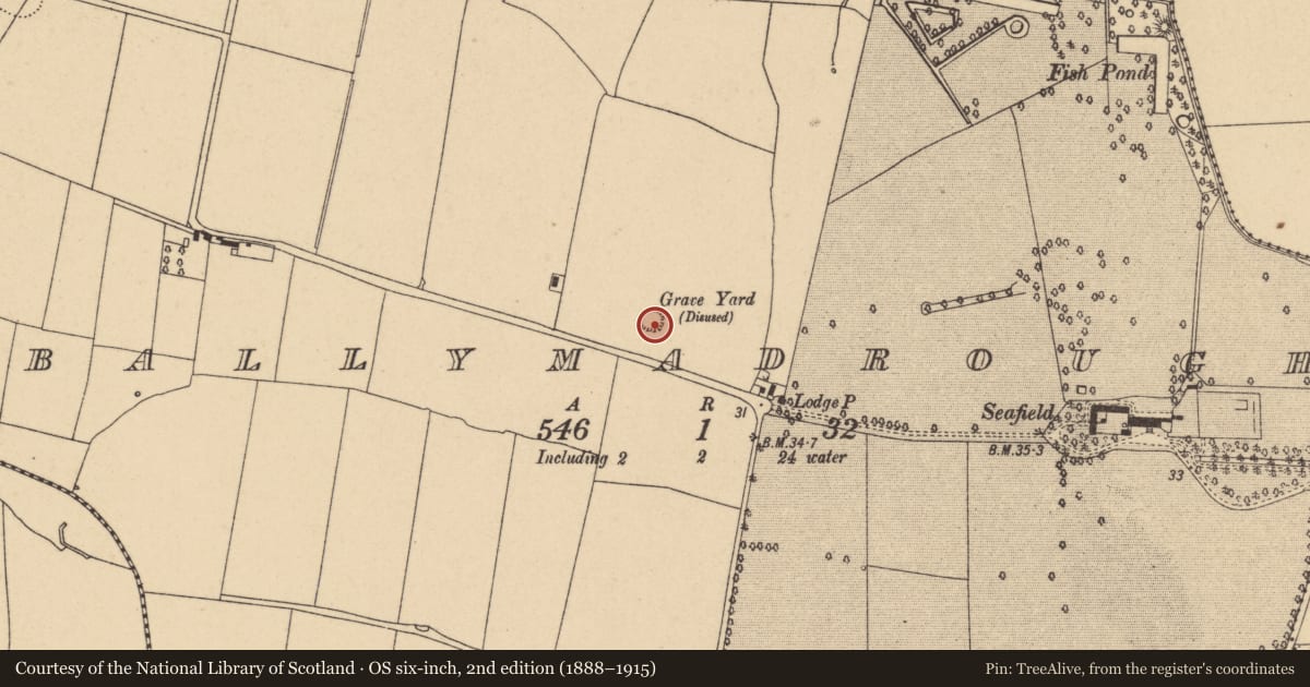 Ordnance Survey six-inch map, 2nd edition (1888–1915) covering the location of Church, Ballymadrough, County Dublin, with a pin at the register's coordinates