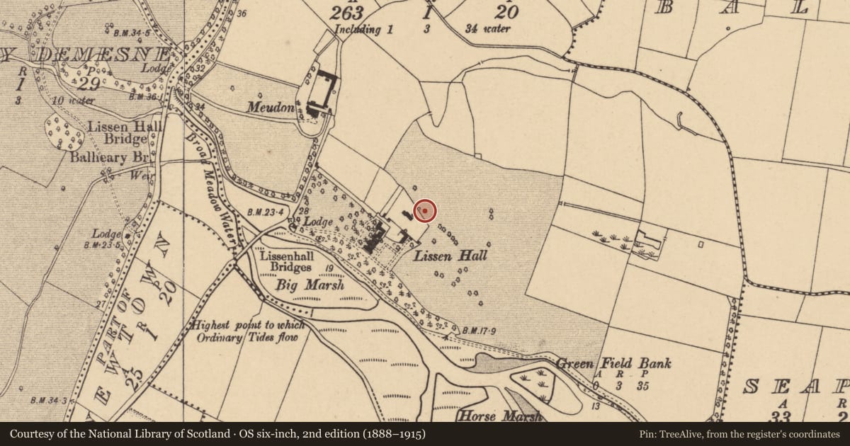 Ordnance Survey six-inch map, 2nd edition (1888–1915) covering the location of Enclosure, Lissenhall Great, County Dublin, with a pin at the register's coordinates