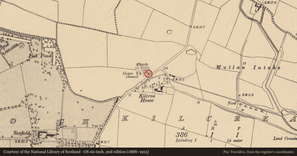 Ordnance Survey six-inch map, 2nd edition (1888–1915) covering the location of Graveyard, Kilcrea, County Dublin, with a pin at the register's coordinates