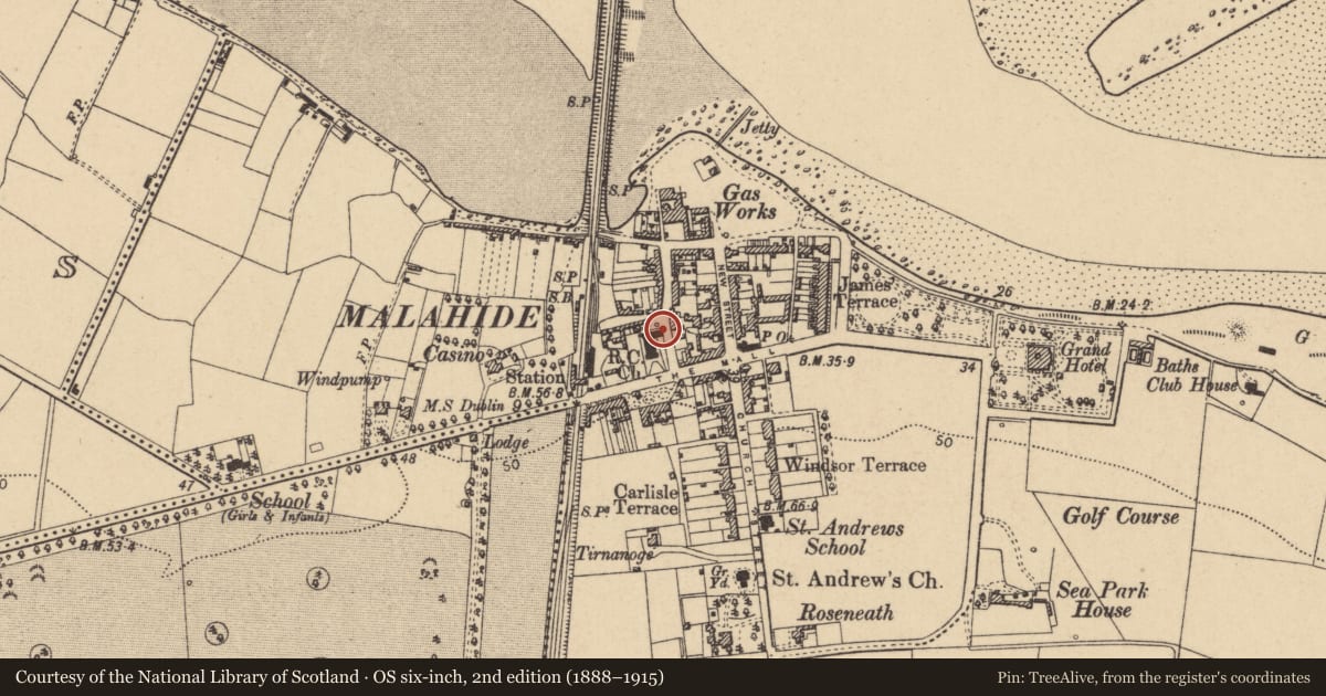 Ordnance Survey six-inch map, 2nd edition (1888–1915) covering the location of Ritual site - holy well, Malahide, County Dublin, with a pin at the register's coordinates