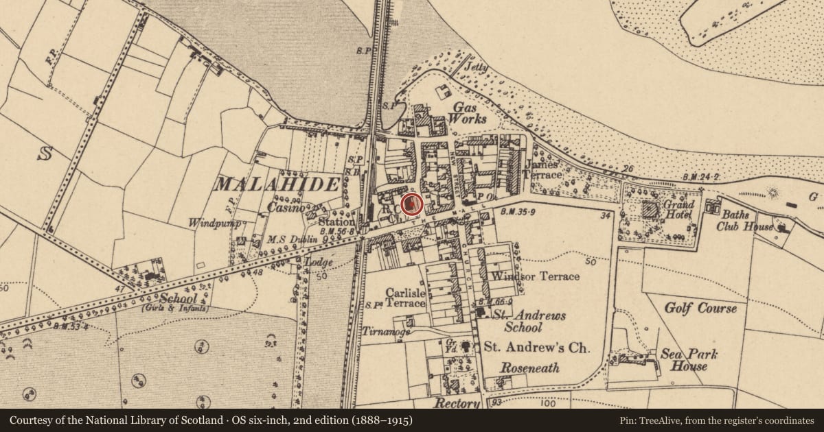 Ordnance Survey six-inch map, 2nd edition (1888–1915) covering the location of Church, Malahide, County Dublin, with a pin at the register's coordinates