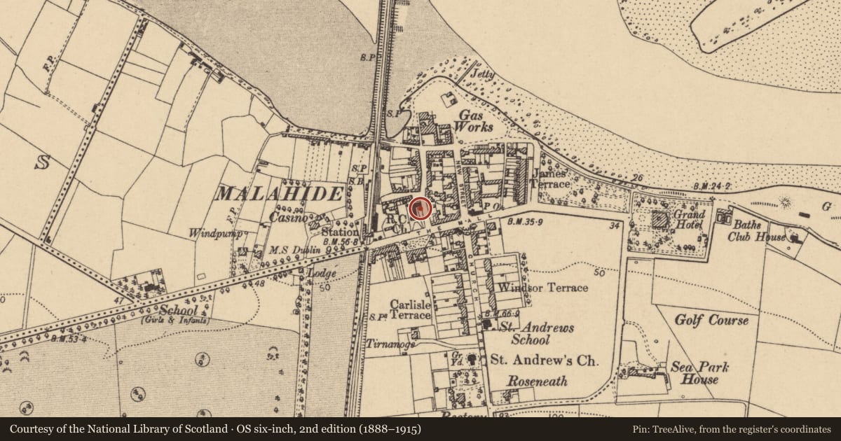 Ordnance Survey six-inch map, 2nd edition (1888–1915) covering the location of Earthwork, Malahide, County Dublin, with a pin at the register's coordinates