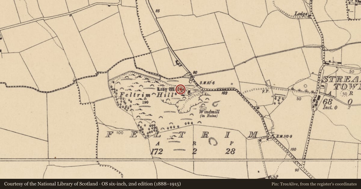 Ordnance Survey six-inch map, 2nd edition (1888–1915) covering the location of Ritual site - holy well, Feltrim, County Dublin, with a pin at the register's coordinates
