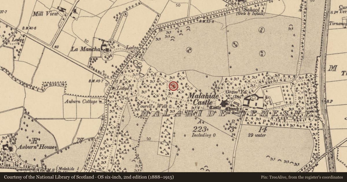 Ordnance Survey six-inch map, 2nd edition (1888–1915) covering the location of Earthwork, Malahide Demesne, County Dublin, with a pin at the register's coordinates