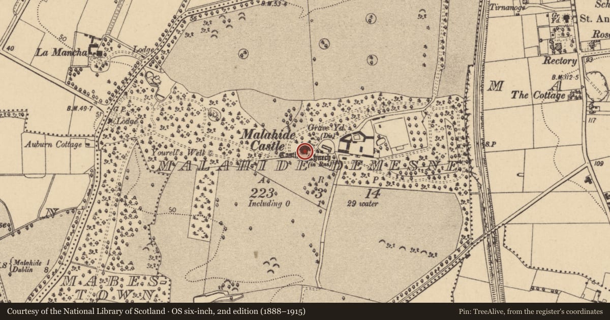 Ordnance Survey six-inch map, 2nd edition (1888–1915) covering the location of Castle - tower house, Malahide Demesne, County Dublin, with a pin at the register's coordinates