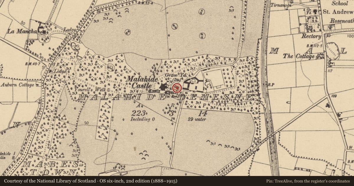 Ordnance Survey six-inch map, 2nd edition (1888–1915) covering the location of Church, Malahide Demesne, County Dublin, with a pin at the register's coordinates