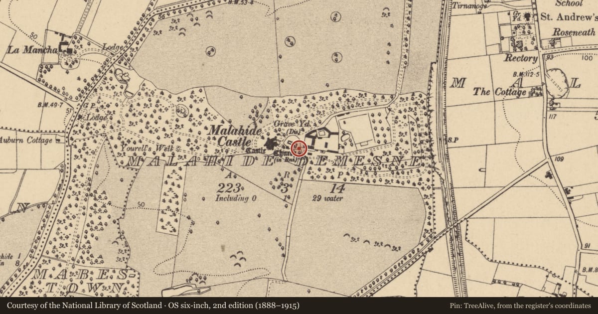 Ordnance Survey six-inch map, 2nd edition (1888–1915) covering the location of Sheela-na-gig, Malahide Demesne, County Dublin, with a pin at the register's coordinates