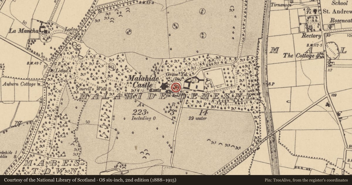 Ordnance Survey six-inch map, 2nd edition (1888–1915) covering the location of Architectural fragment, Malahide Demesne, County Dublin, with a pin at the register's coordinates