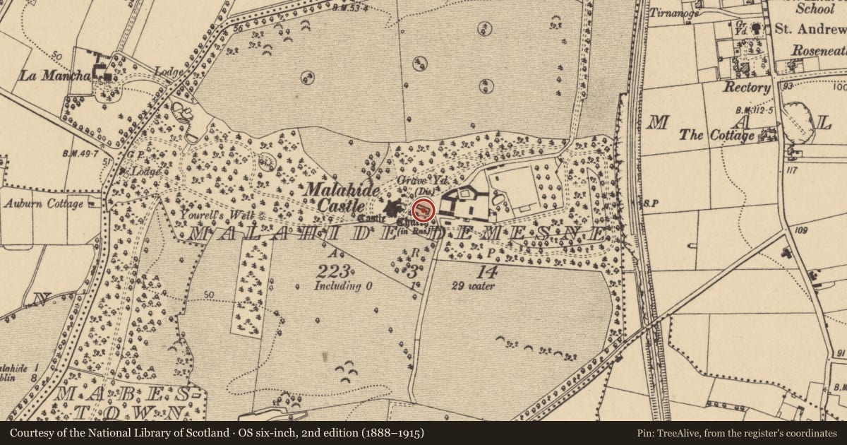 Ordnance Survey six-inch map, 2nd edition (1888–1915) covering the location of Tomb - effigial, Malahide Demesne, County Dublin, with a pin at the register's coordinates