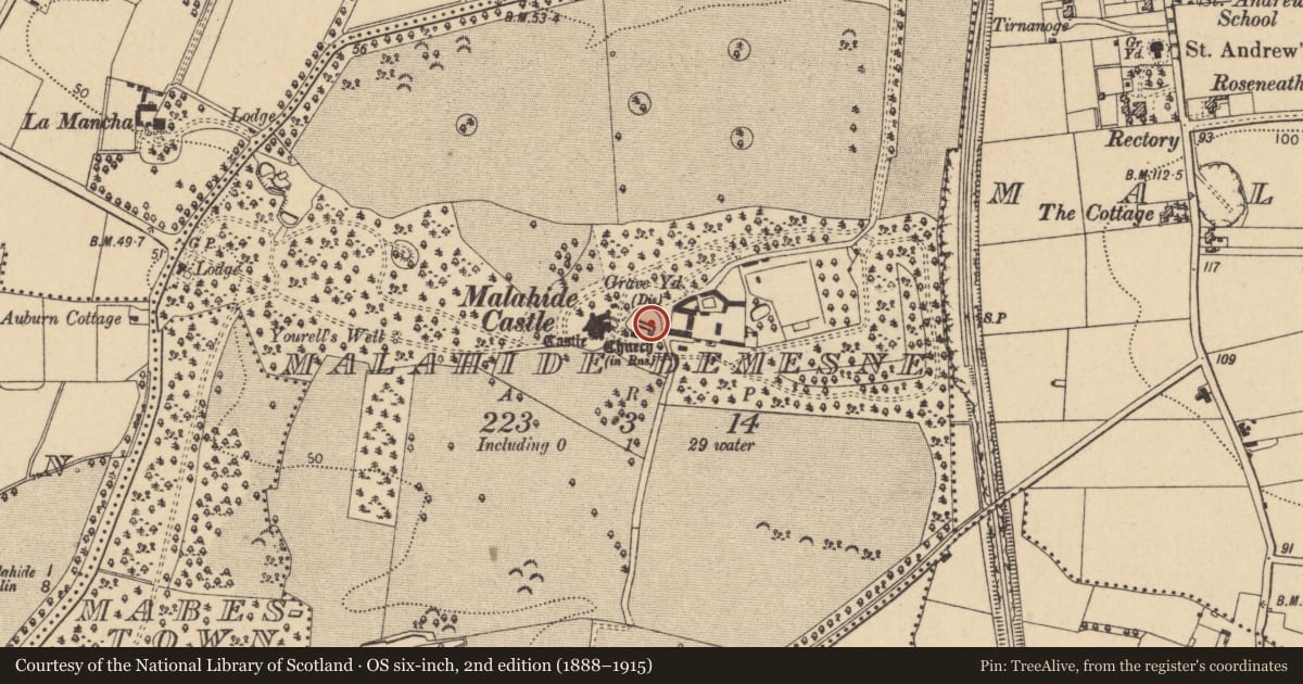 Ordnance Survey six-inch map, 2nd edition (1888–1915) covering the location of Graveyard, Malahide Demesne, County Dublin, with a pin at the register's coordinates