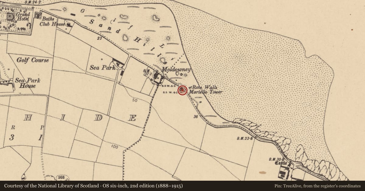 Ordnance Survey six-inch map, 2nd edition (1888–1915) covering the location of Martello tower, Robswalls, County Dublin, with a pin at the register's coordinates