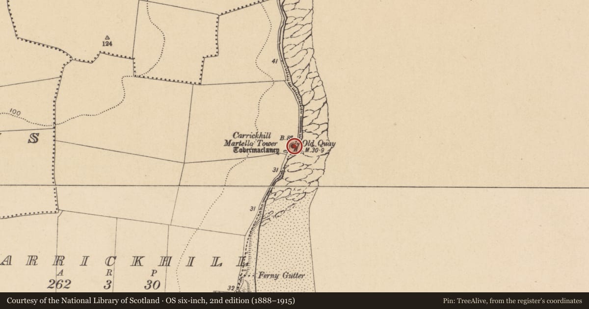 Ordnance Survey six-inch map, 2nd edition (1888–1915) covering the location of Martello tower, Carrickhill, County Dublin, with a pin at the register's coordinates