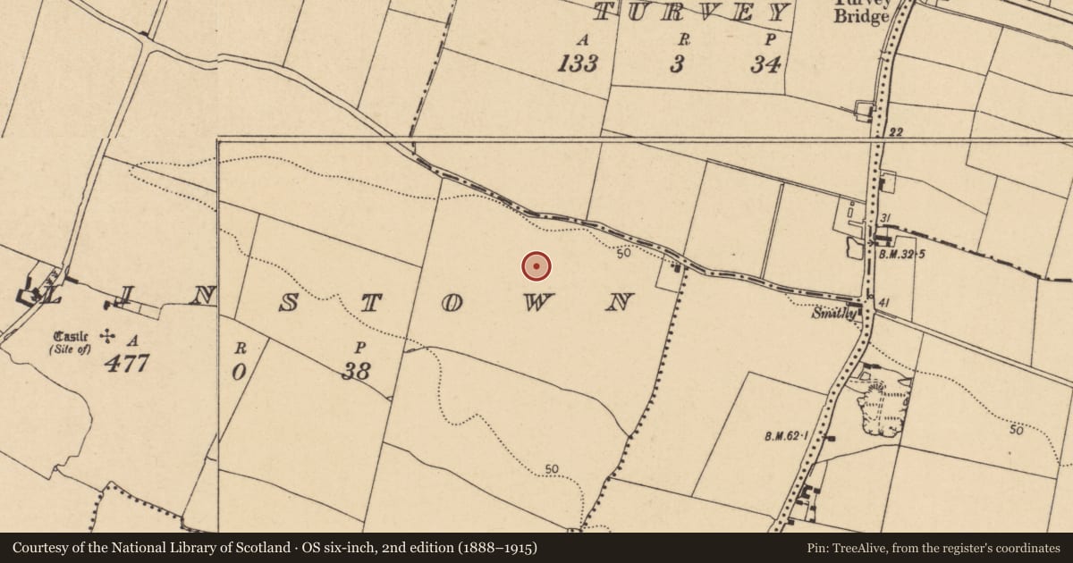 Ordnance Survey six-inch map, 2nd edition (1888–1915) covering the location of Barrow - unclassified, Belinstown, County Dublin, with a pin at the register's coordinates