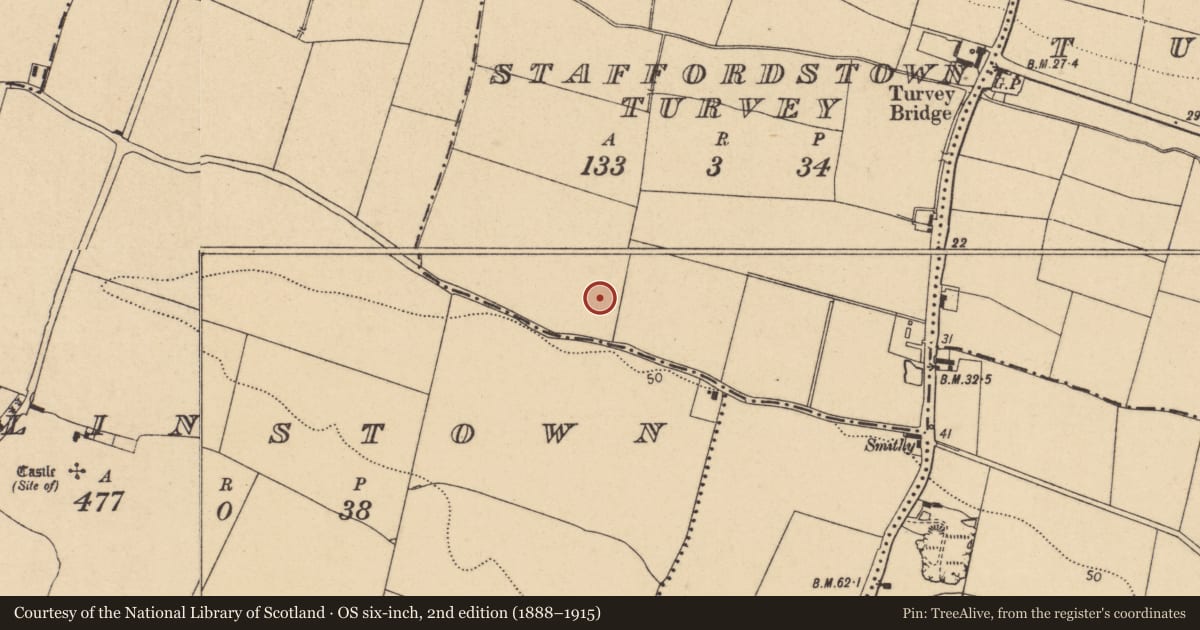 Ordnance Survey six-inch map, 2nd edition (1888–1915) covering the location of Fulacht fia, Staffordstown, County Dublin, with a pin at the register's coordinates