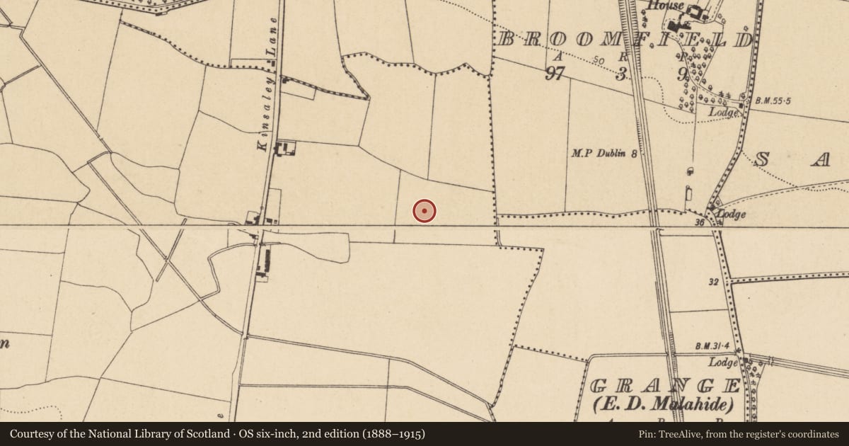 Ordnance Survey six-inch map, 2nd edition (1888–1915) covering the location of Enclosure, Kinsaley, County Dublin, with a pin at the register's coordinates